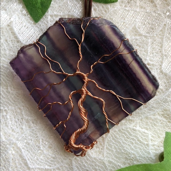 Statement Piece! Copper and Semiprecious Fluorite Slab Pendant with Tree of Life - Picture 2 of 4